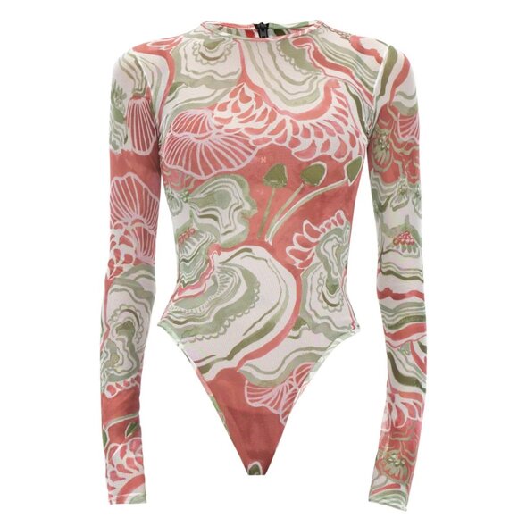 NWT Andrea Iyamah Elle Mesh Long‎ Sleeve Leotard Bodysuit Back Zipper Coral S - Picture 1 of 10